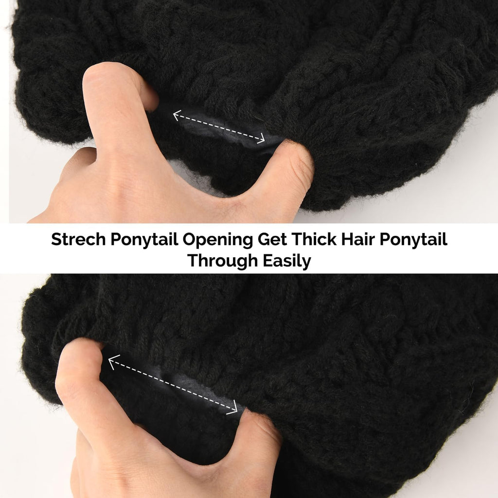 Ponytail Beanies for Women Messy Bun Winter Hat with Tail Hole Warm Lined Knit Skull Beanie Outdoor Runner Cap