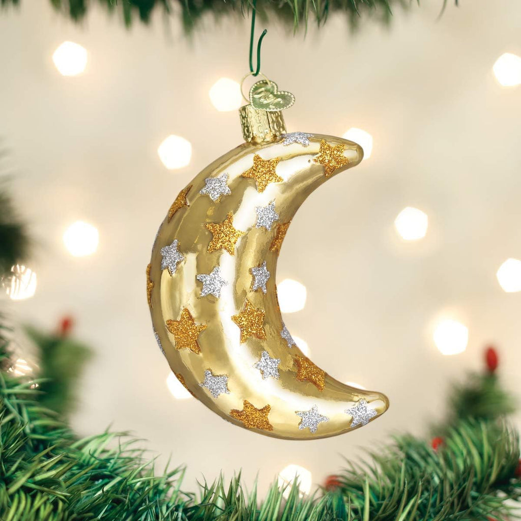 Celestial Moon Glass Blown Ornament for Christmas Tree, Handcrafted Holiday Decoration, Outer Space Collection