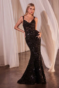 Vestido Negro de Fiesta Ajustado con Lentejuelas y Terciopelo